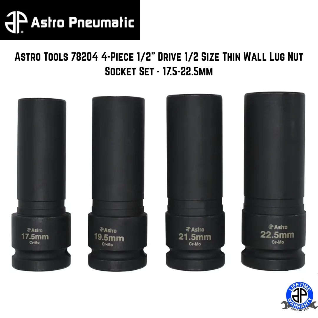 Astro Tools 78204 4-Piece 1/2" Drive 1/2 Size Thin Wall Lug Nut Socket Set - 17.5-22.5mm