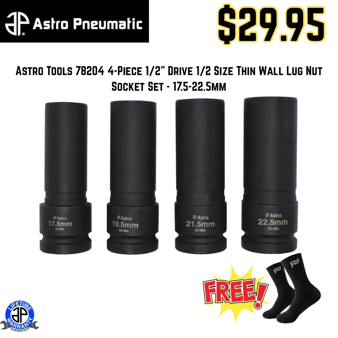 Astro Tools 78204 4-Piece 1/2" Drive 1/2 Size Thin Wall Lug Nut Socket Set - 17.5-22.5mm - Image 2