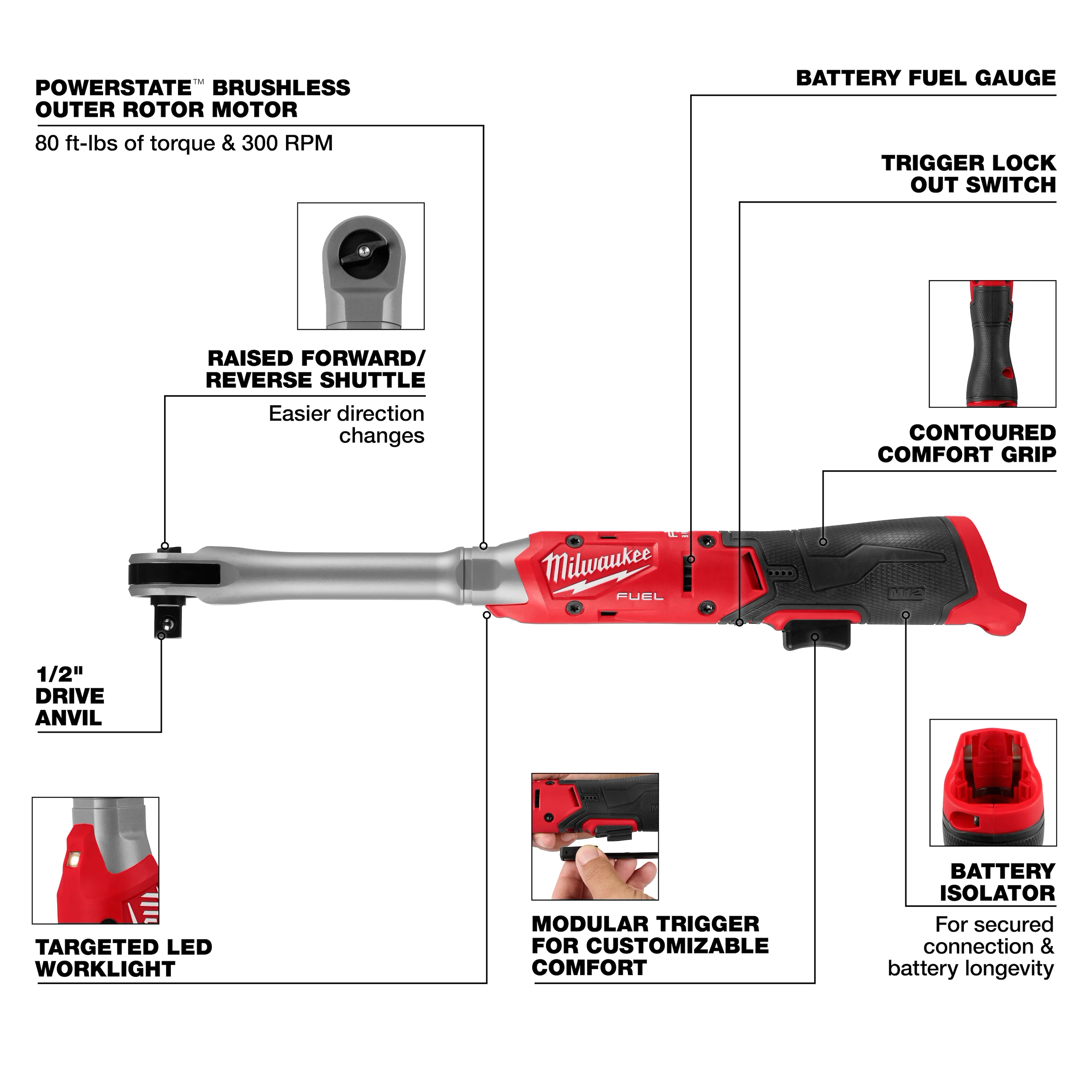 Milwaukee M12 FUEL™ 1/2" Extended Reach Ratchet - Image 5