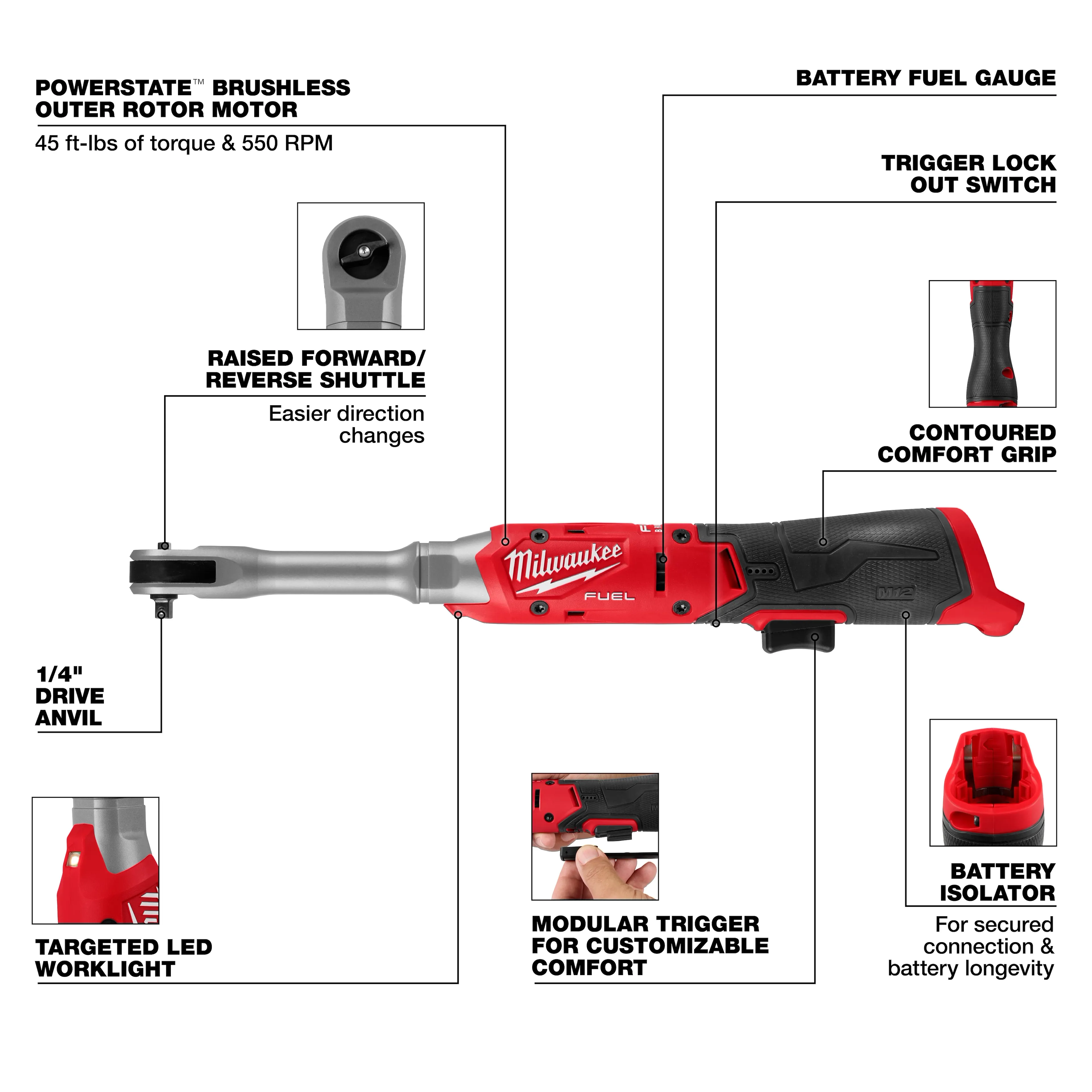 Milwaukee M12 FUEL™ 1/4" Extended Reach Ratchet - Image 5