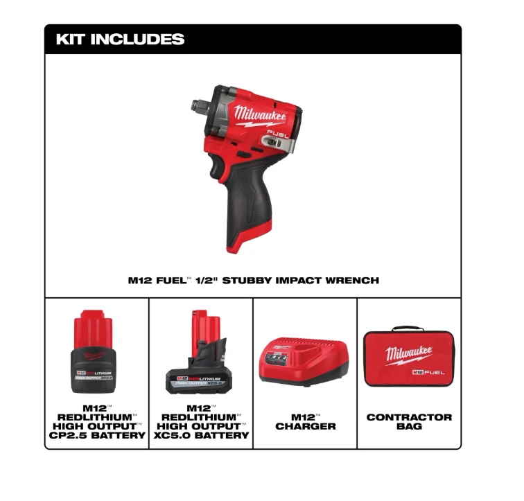 Milwaukee M12 Gen 2 1/2" Stubby Impact Kit with Free Tire Inflator - Image 3